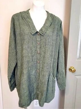 Flax Olive Green Linen Button-Up Jacket 1X